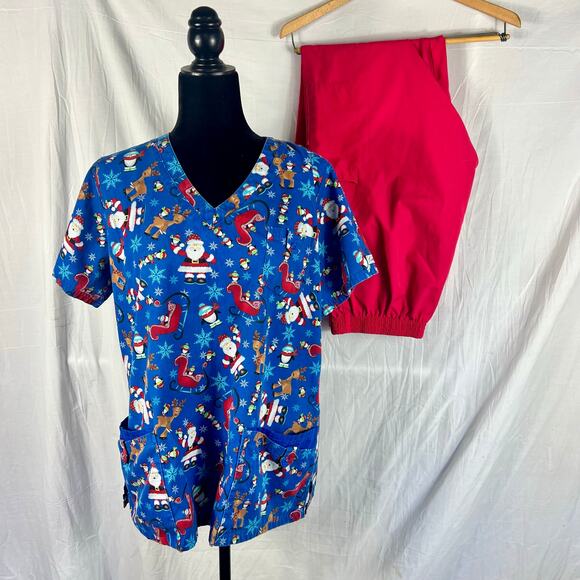 UA Scrubs Christmas Santa Set Women's Large Top Pants Pockets Nursing Medical - Picture 1 of 14